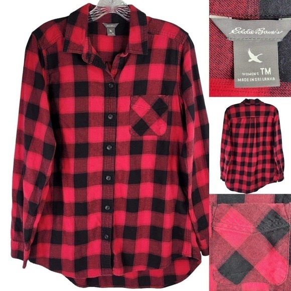 Eddie Bauer Women's Shirt Medium Tall Red Buffalo Plaid Button Down LS Flannel - Picture 1 of 8